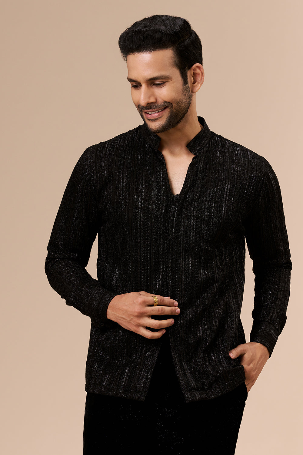 Black Velvet Shimmer Mens Indo Western with 3D Flowers and Beads