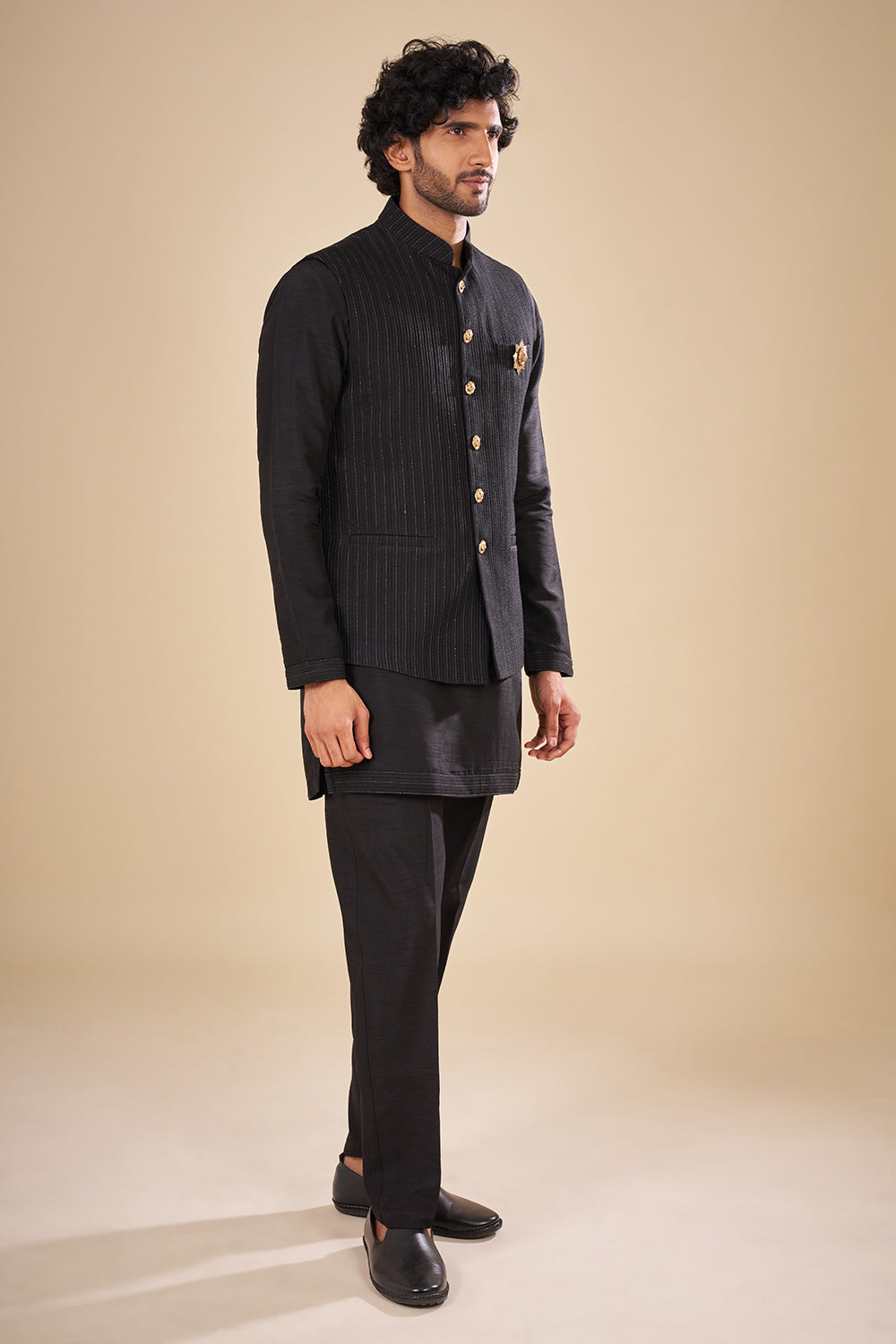 Black Pinstripe Satin Nehru Jacket Set with Lion Crest Brooch