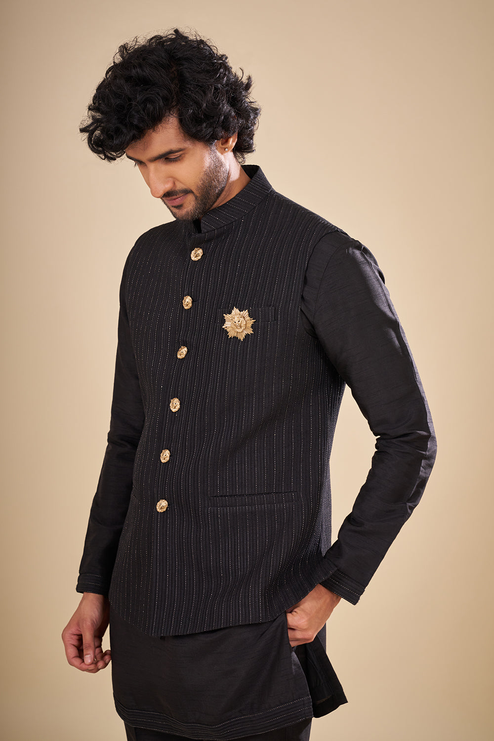 Black Pinstripe Satin Nehru Jacket Set with Lion Crest Brooch