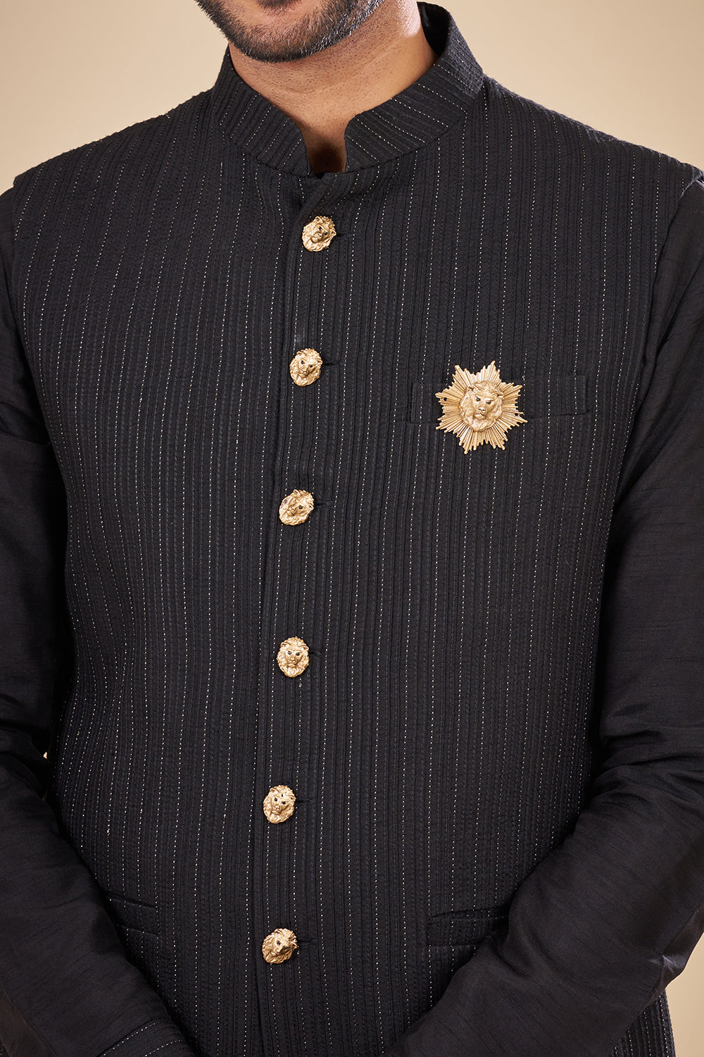 Black Pinstripe Satin Nehru Jacket Set with Lion Crest Brooch