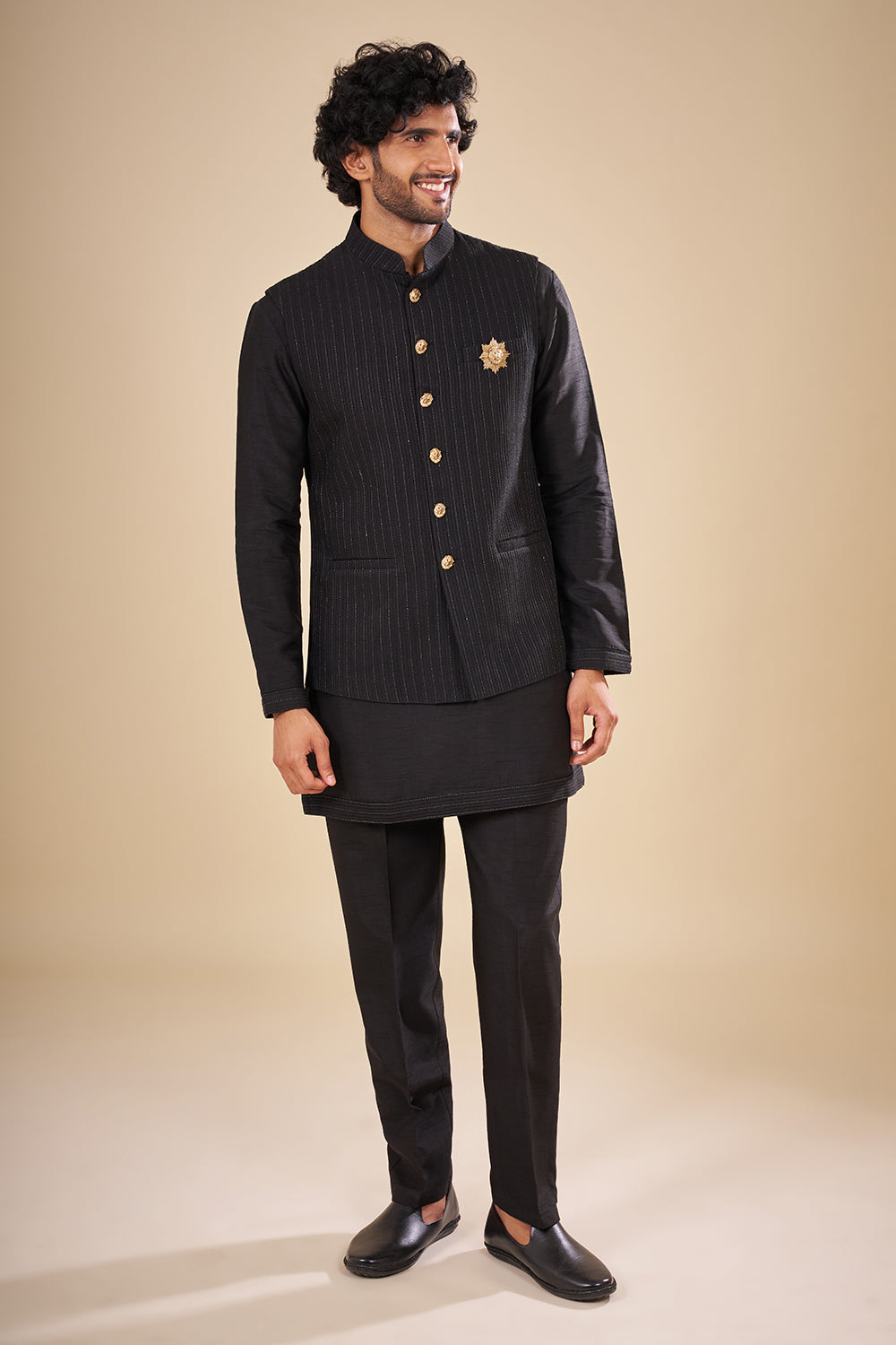 Black Pinstripe Satin Nehru Jacket Set with Lion Crest Brooch