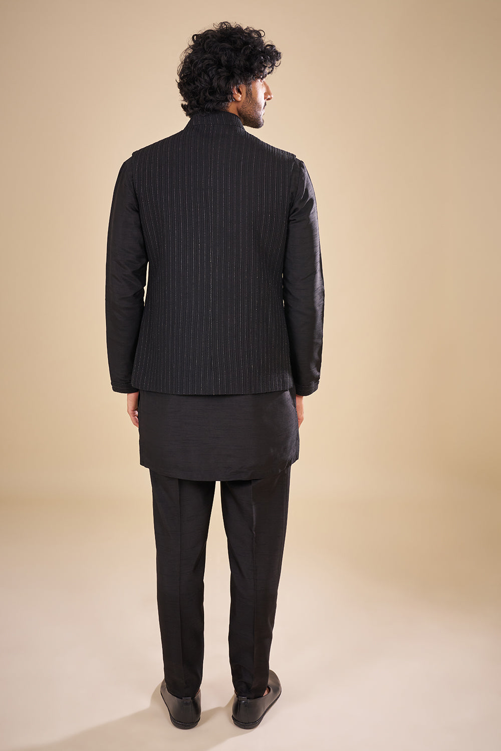 Black Pinstripe Satin Nehru Jacket Set with Lion Crest Brooch