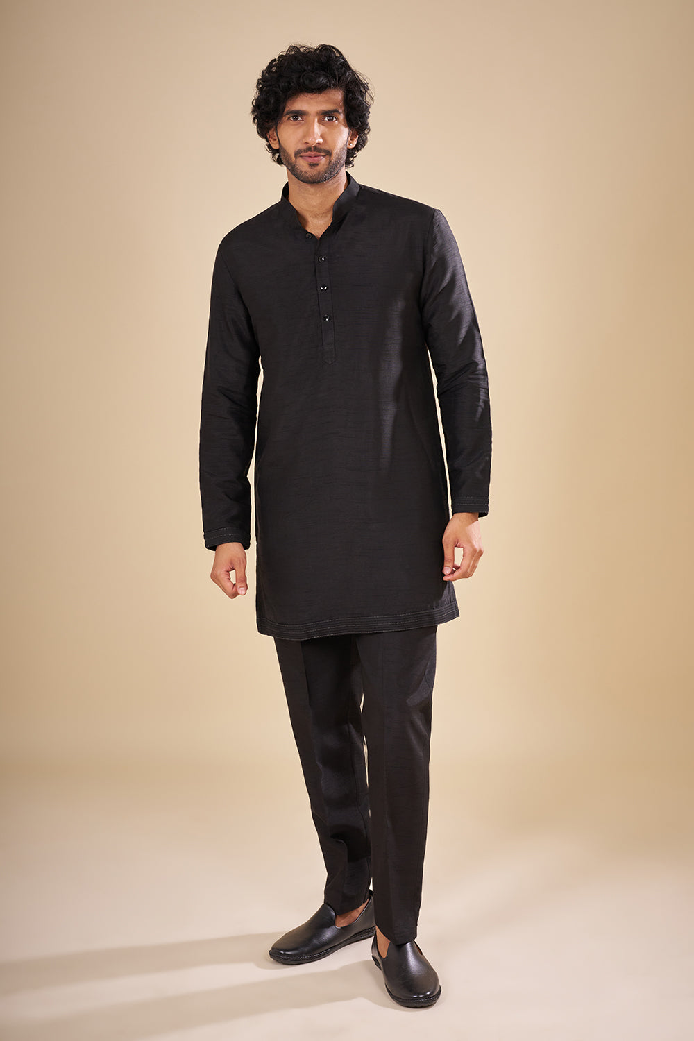 Black Pinstripe Satin Nehru Jacket Set with Lion Crest Brooch