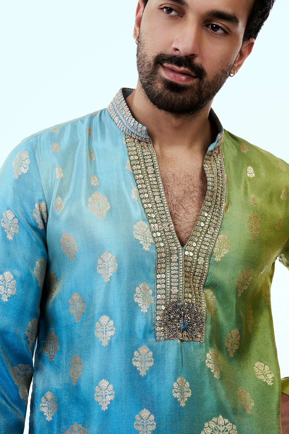 Blue and Green Ombre Kurta with Golden Floral Buti and Medallion Motifs
