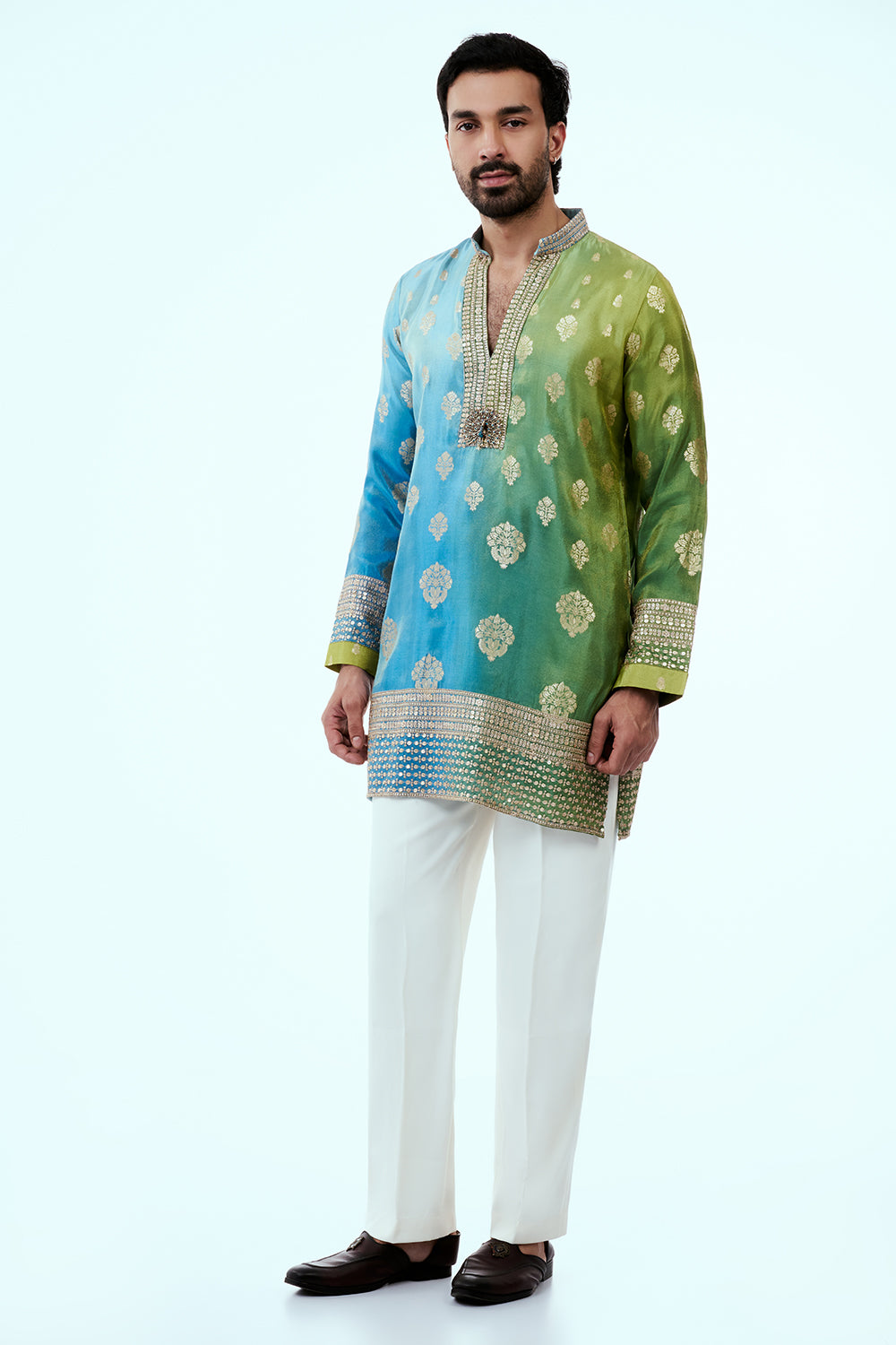 Blue and Green Ombre Kurta with Golden Floral Buti and Medallion Motifs