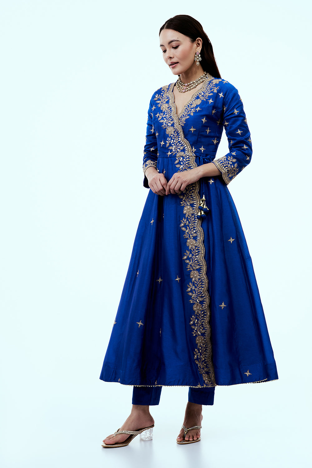 Blue Art Silk Angrakha Suit Set with Zardosi Work