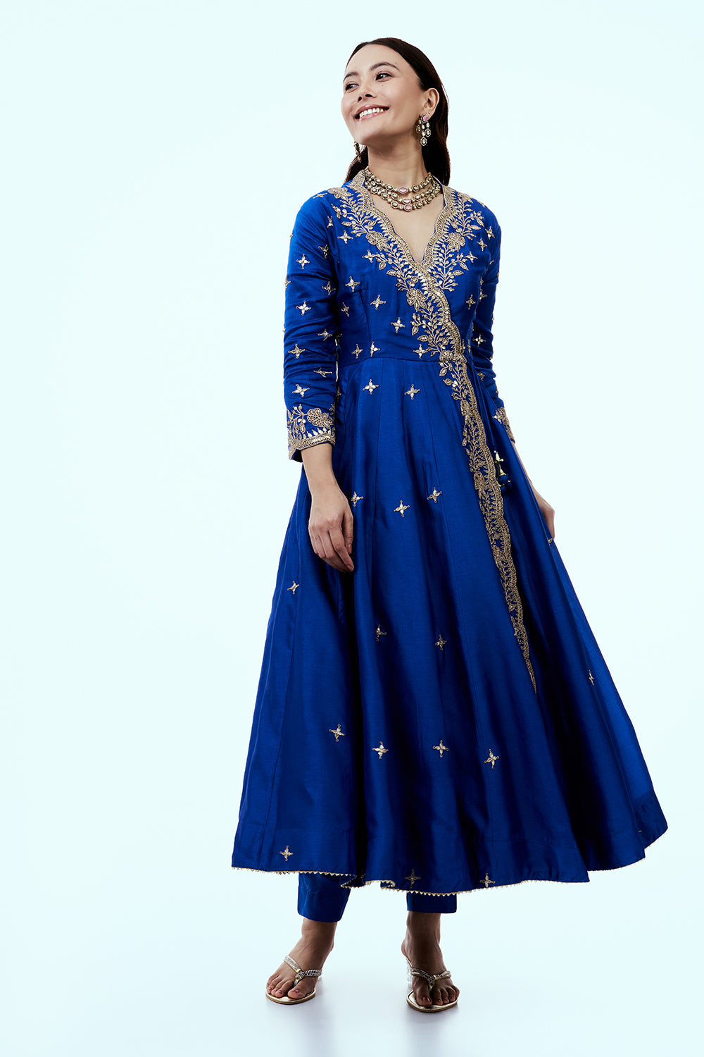 Blue Art Silk Angrakha Suit Set with Zardosi Work