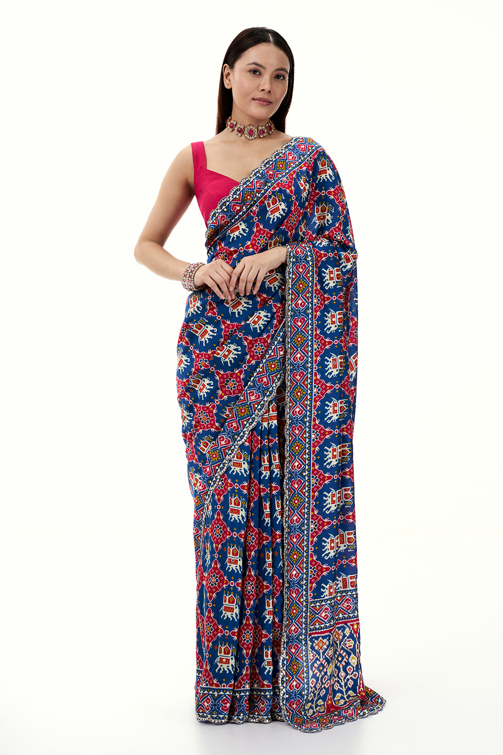 Blue Art Silk Patola Printed Saree with Mirror Work