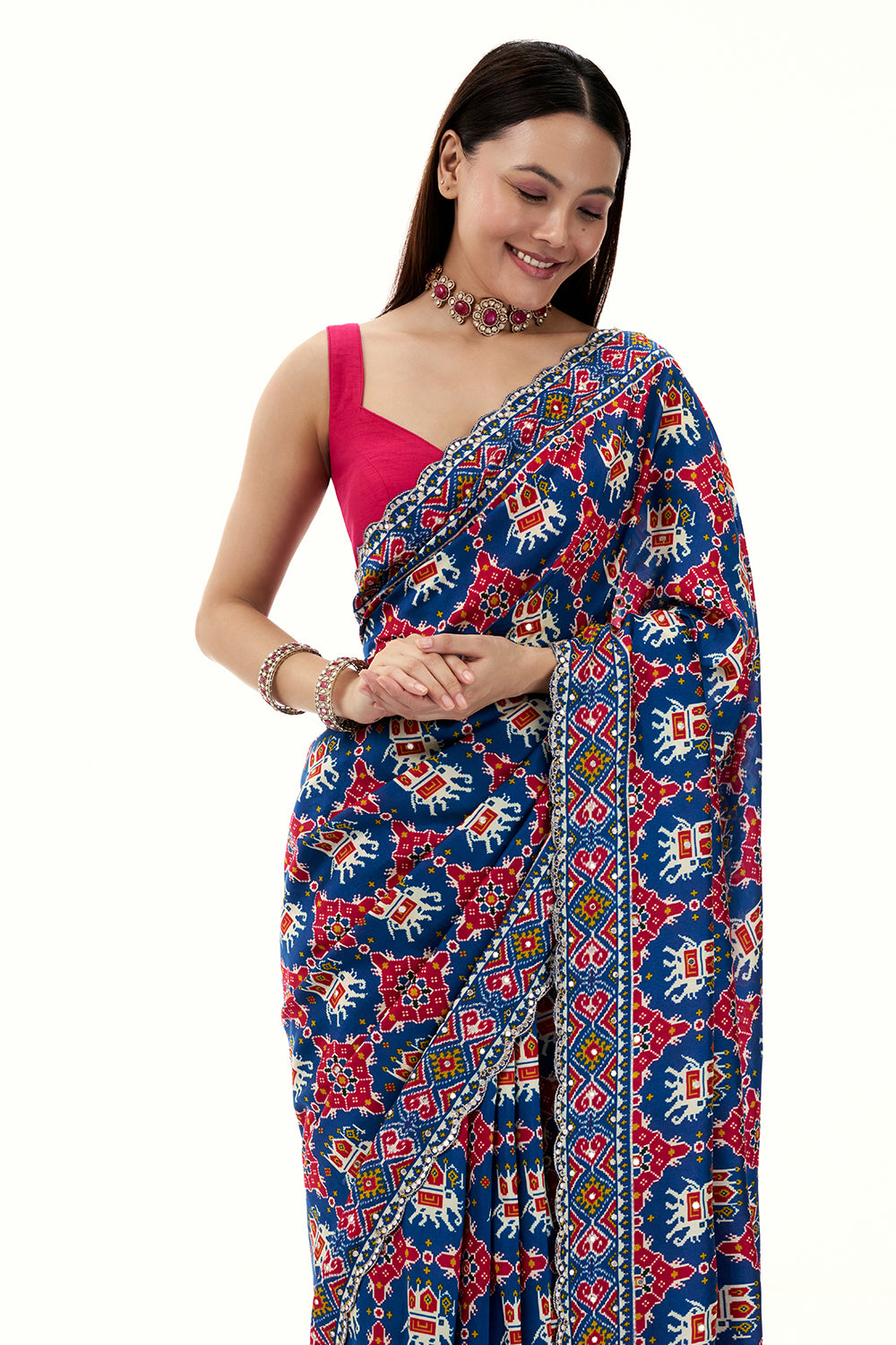 Blue Art Silk Patola Printed Saree with Mirror Work