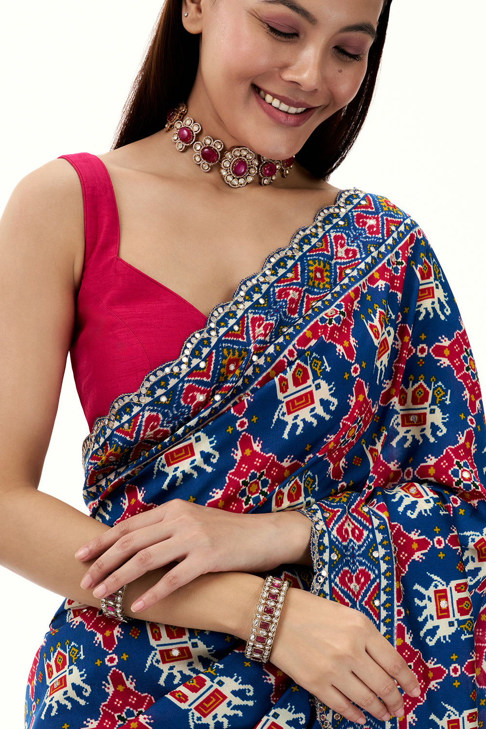 Blue Art Silk Patola Printed Saree with Mirror Work