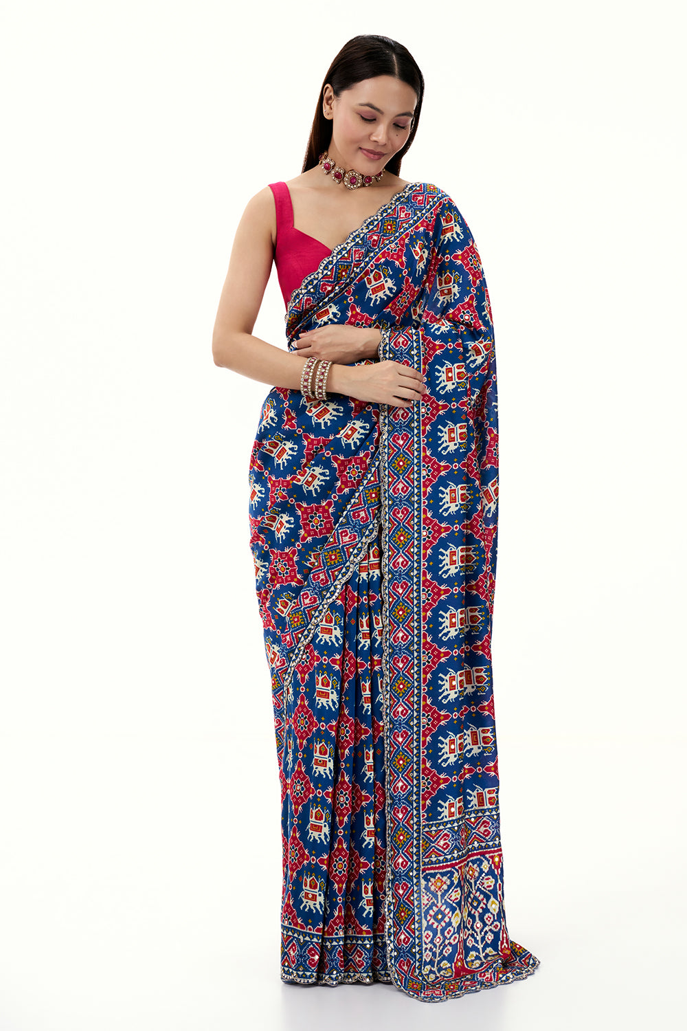 Blue Art Silk Patola Printed Saree with Mirror Work