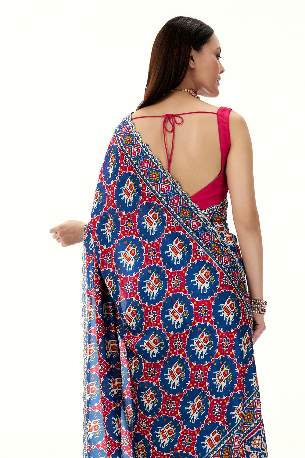 Blue Art Silk Patola Printed Saree with Mirror Work