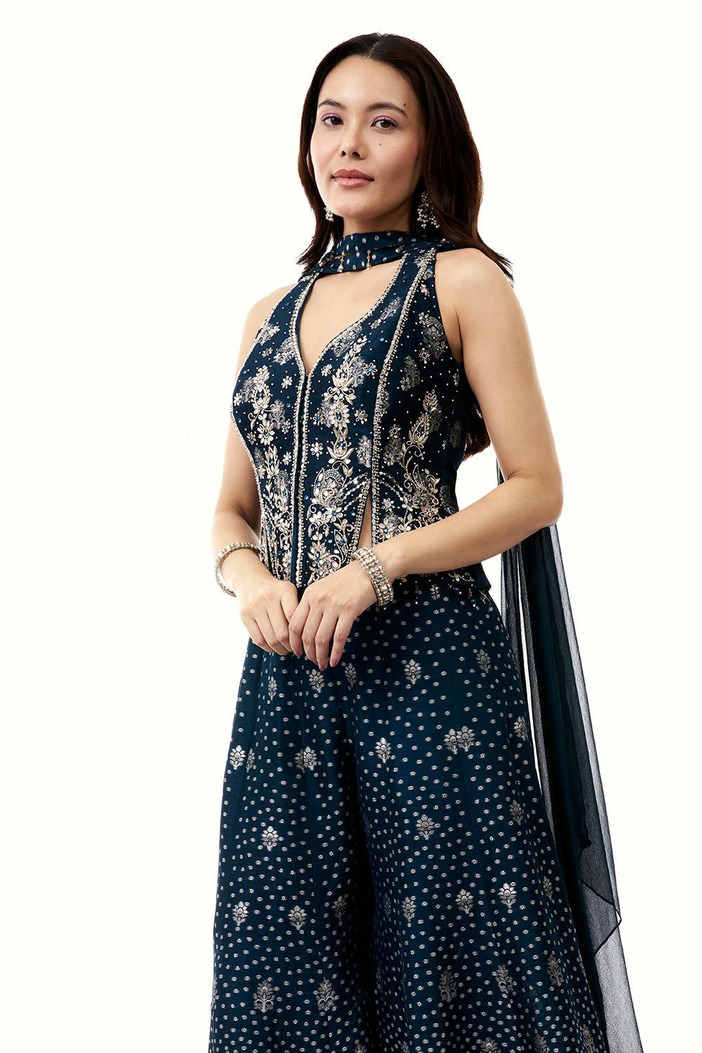 Blue Brocade Silk Palazzo Set with Mirror Work