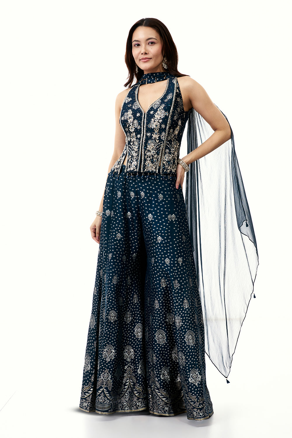 Blue Brocade Silk Palazzo Set with Mirror Work