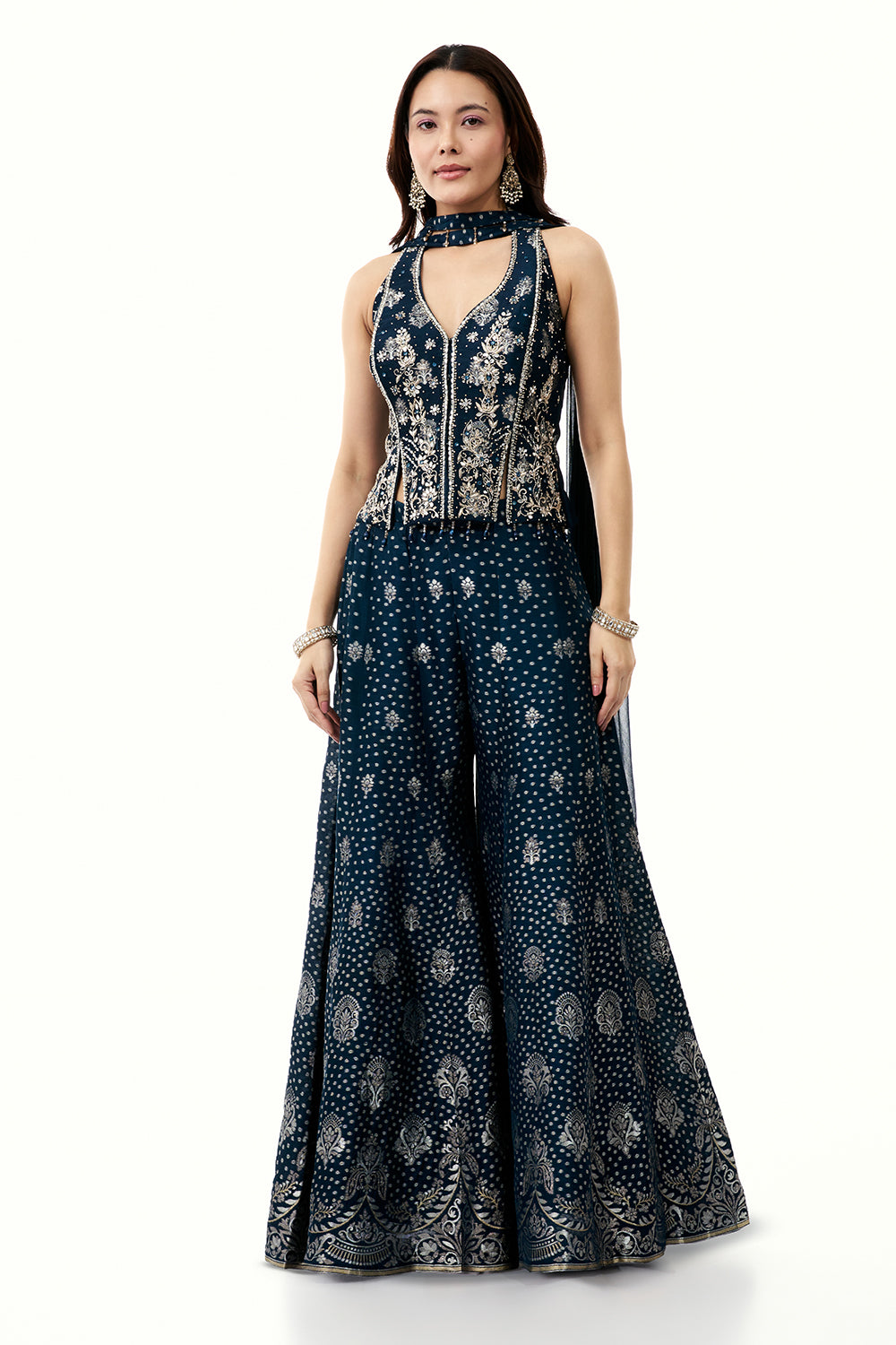 Blue Brocade Silk Palazzo Set with Mirror Work