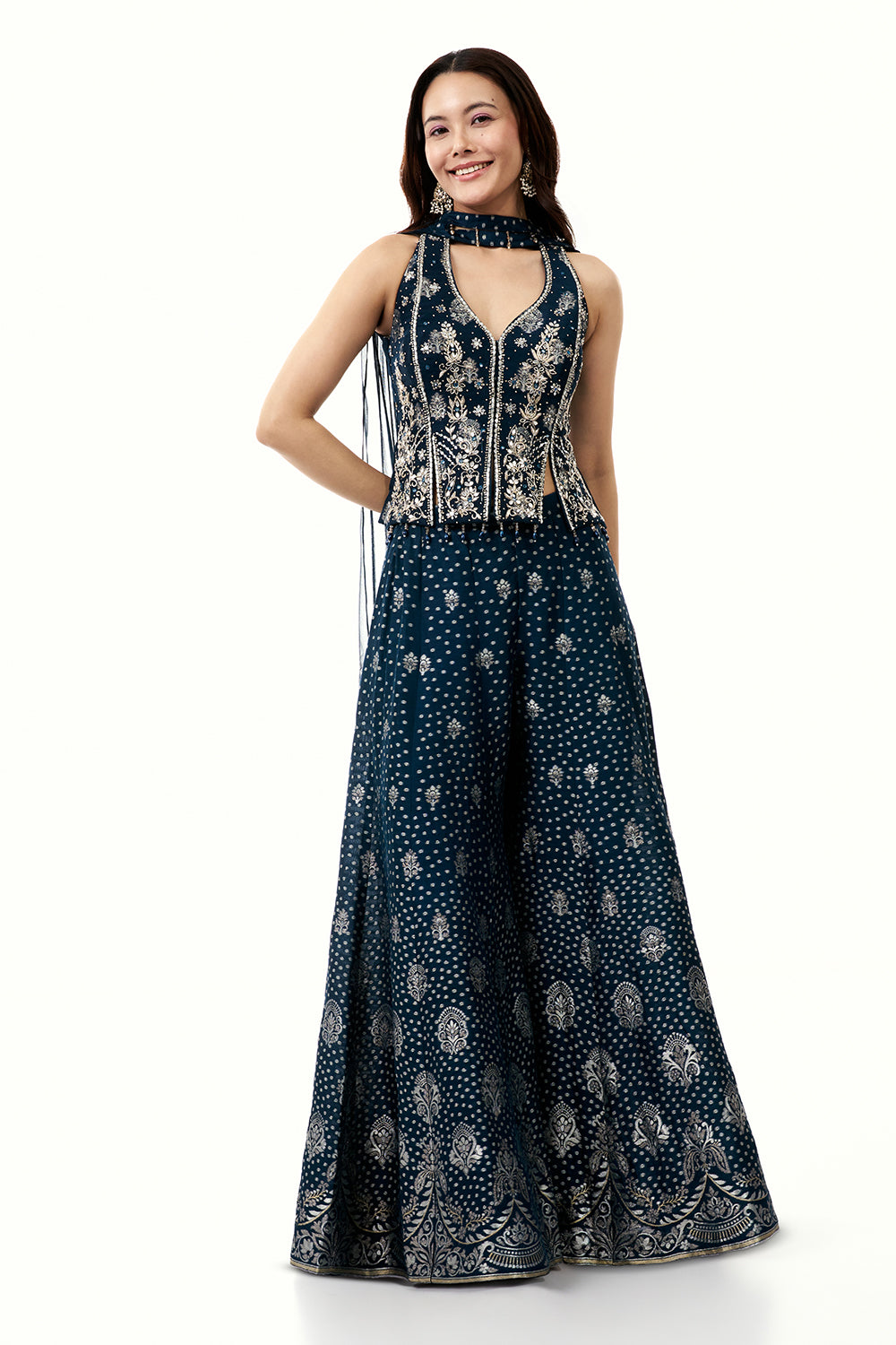 Blue Brocade Silk Palazzo Set with Mirror Work