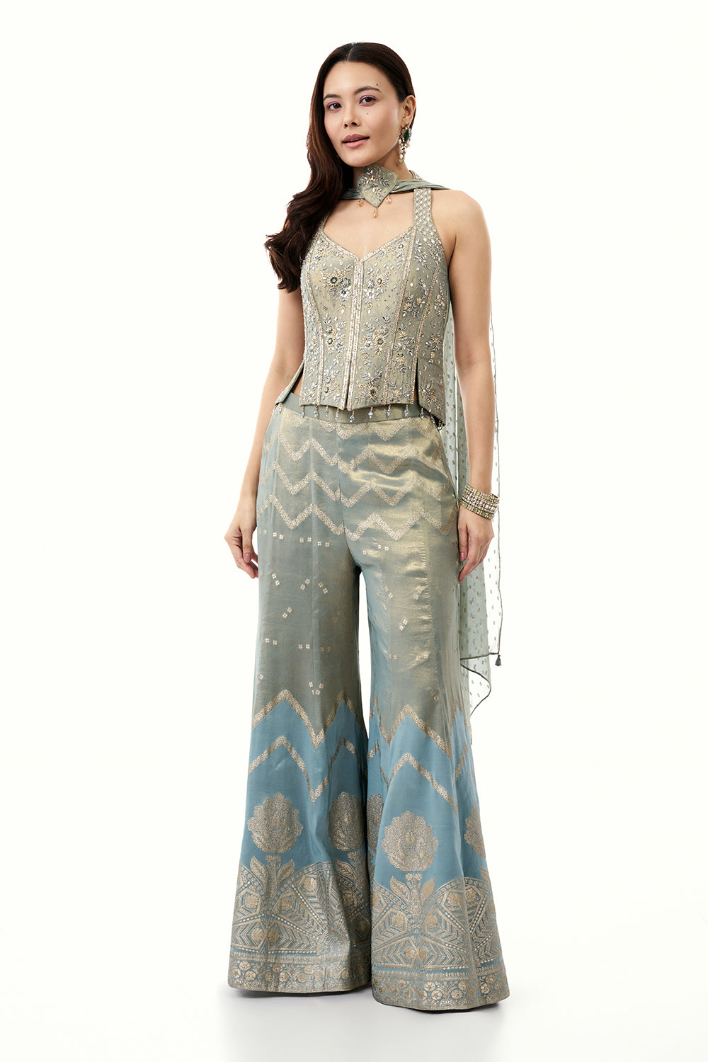 Blue Brocade Silk Palazzo Set with Zardosi Work