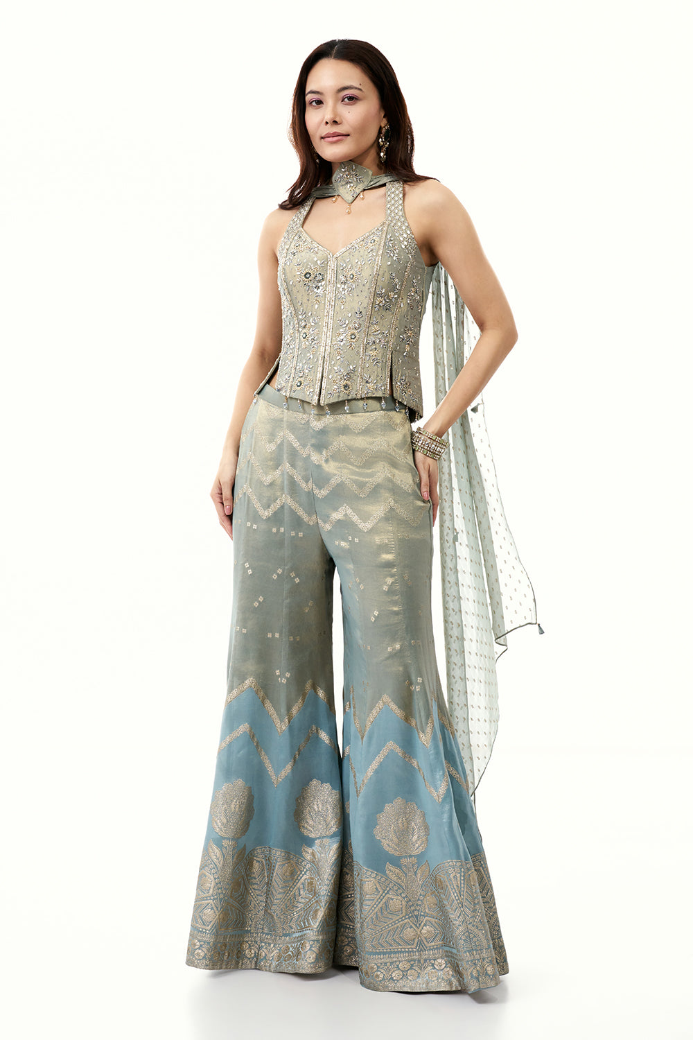 Blue Brocade Silk Palazzo Set with Zardosi Work
