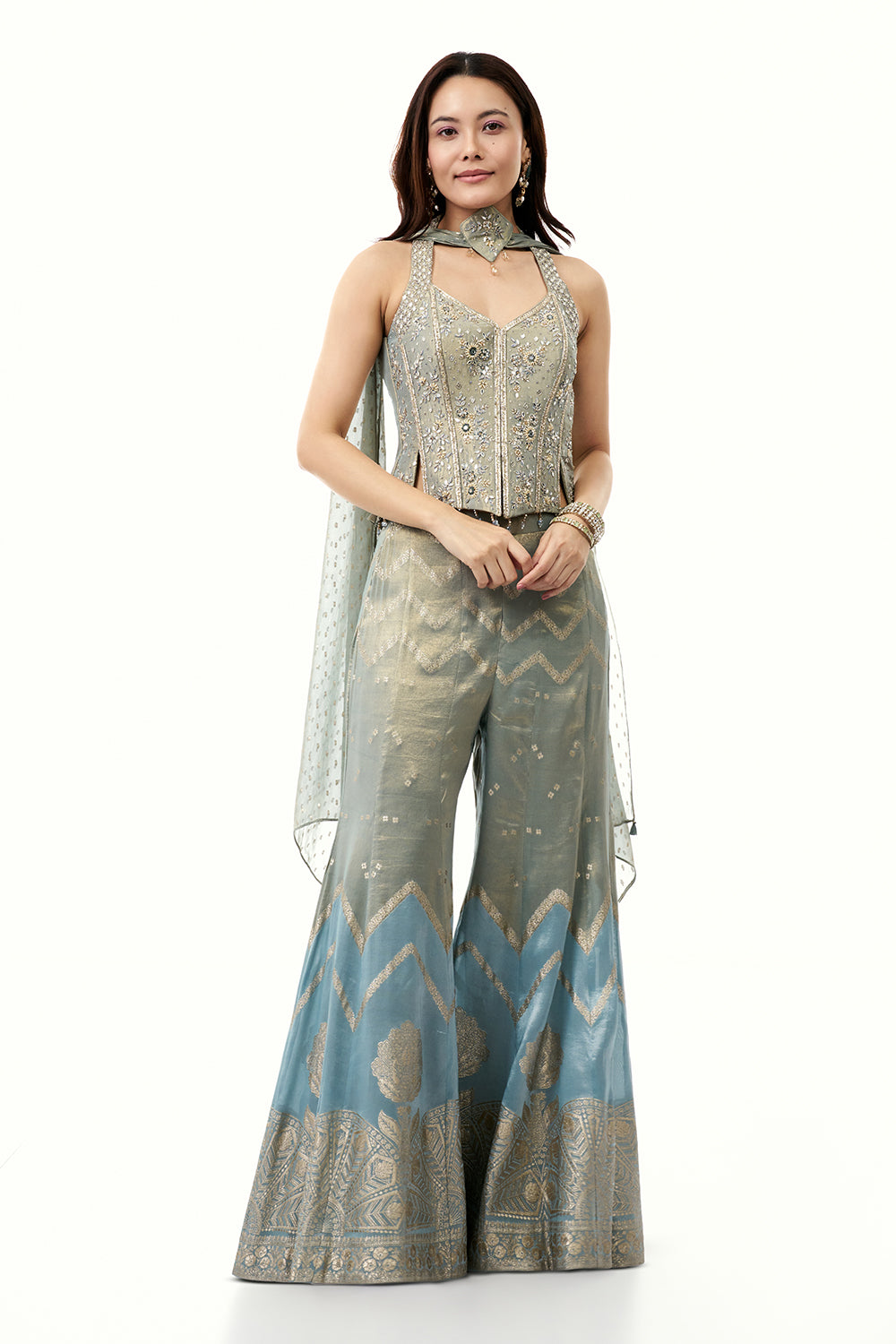 Blue Brocade Silk Palazzo Set with Zardosi Work
