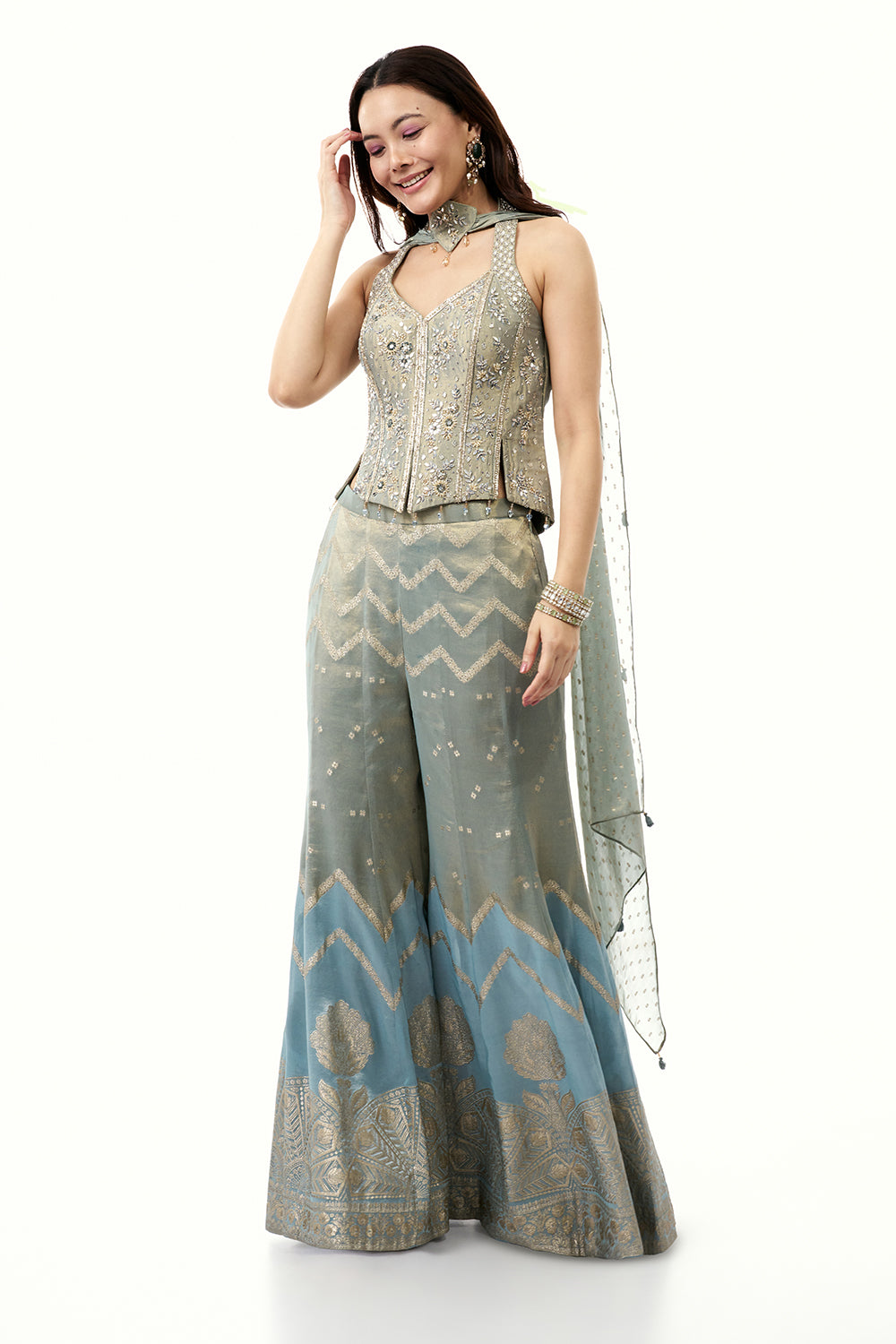 Blue Brocade Silk Palazzo Set with Zardosi Work