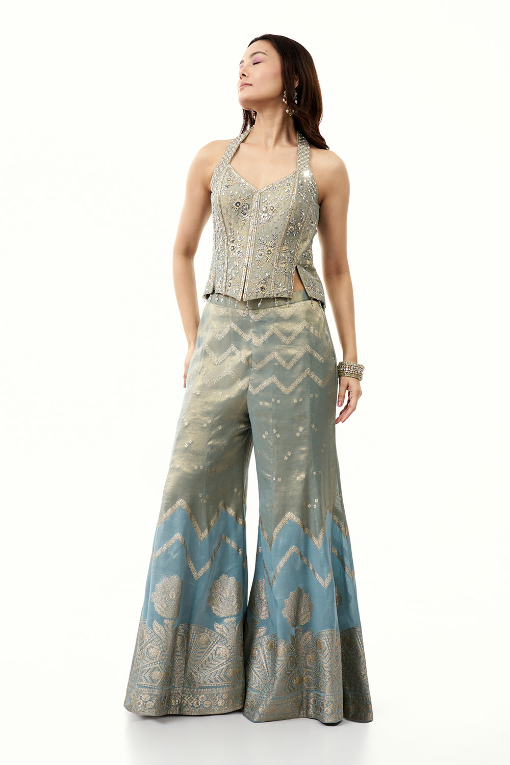 Blue Brocade Silk Palazzo Set with Zardosi Work