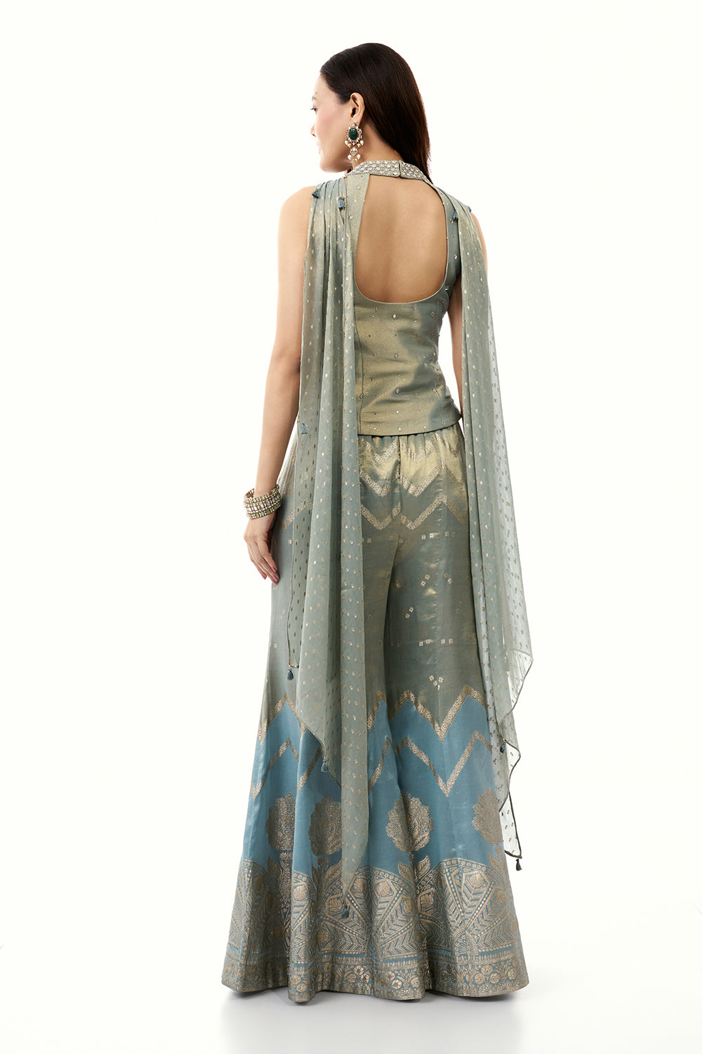 Blue Brocade Silk Palazzo Set with Zardosi Work