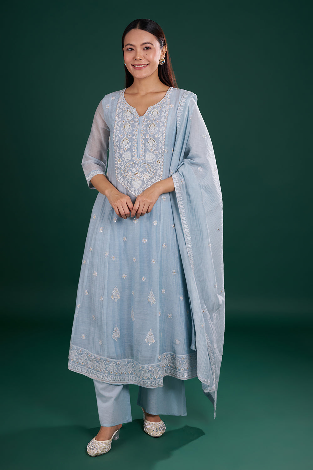 Blue Cotton Kurta Set with Floral Embroidery