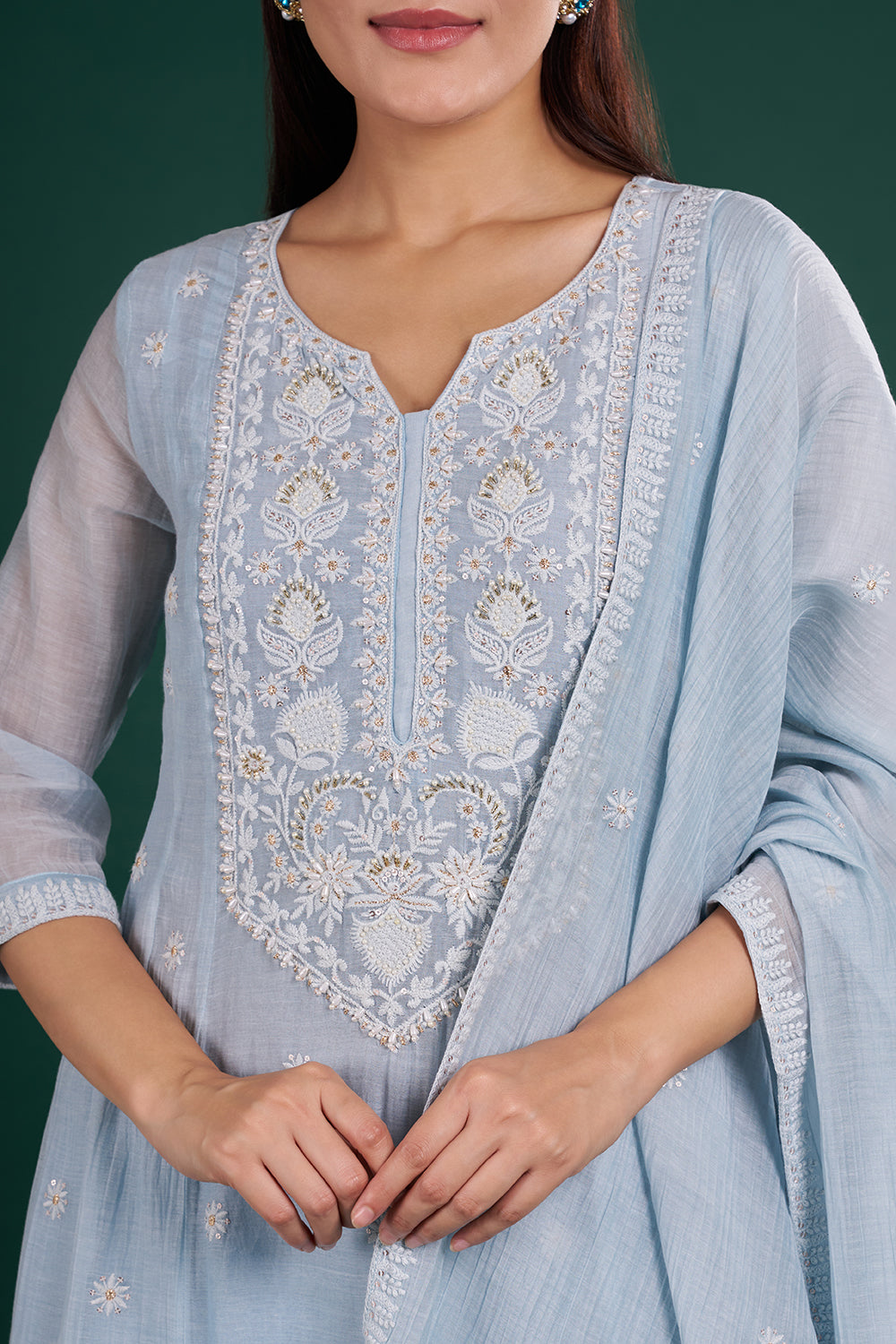 Blue Cotton Kurta Set with Floral Embroidery