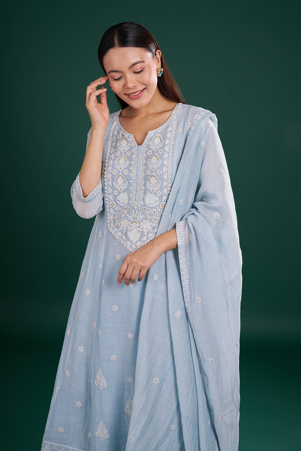 Blue Cotton Kurta Set with Floral Embroidery