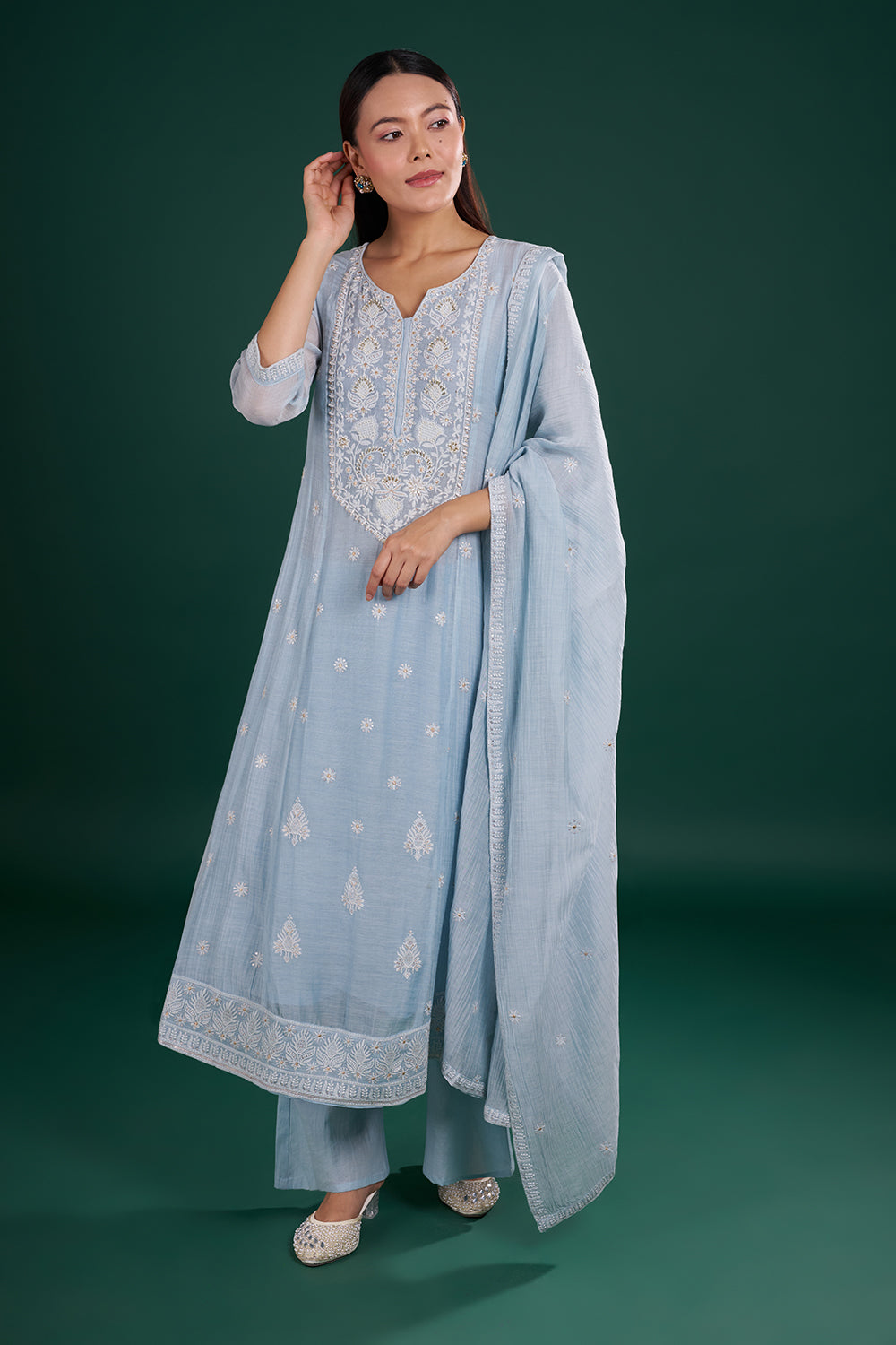 Blue Cotton Kurta Set with Floral Embroidery