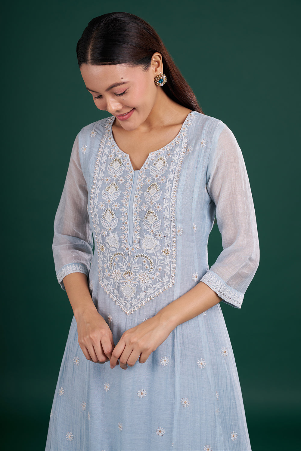 Blue Cotton Kurta Set with Floral Embroidery