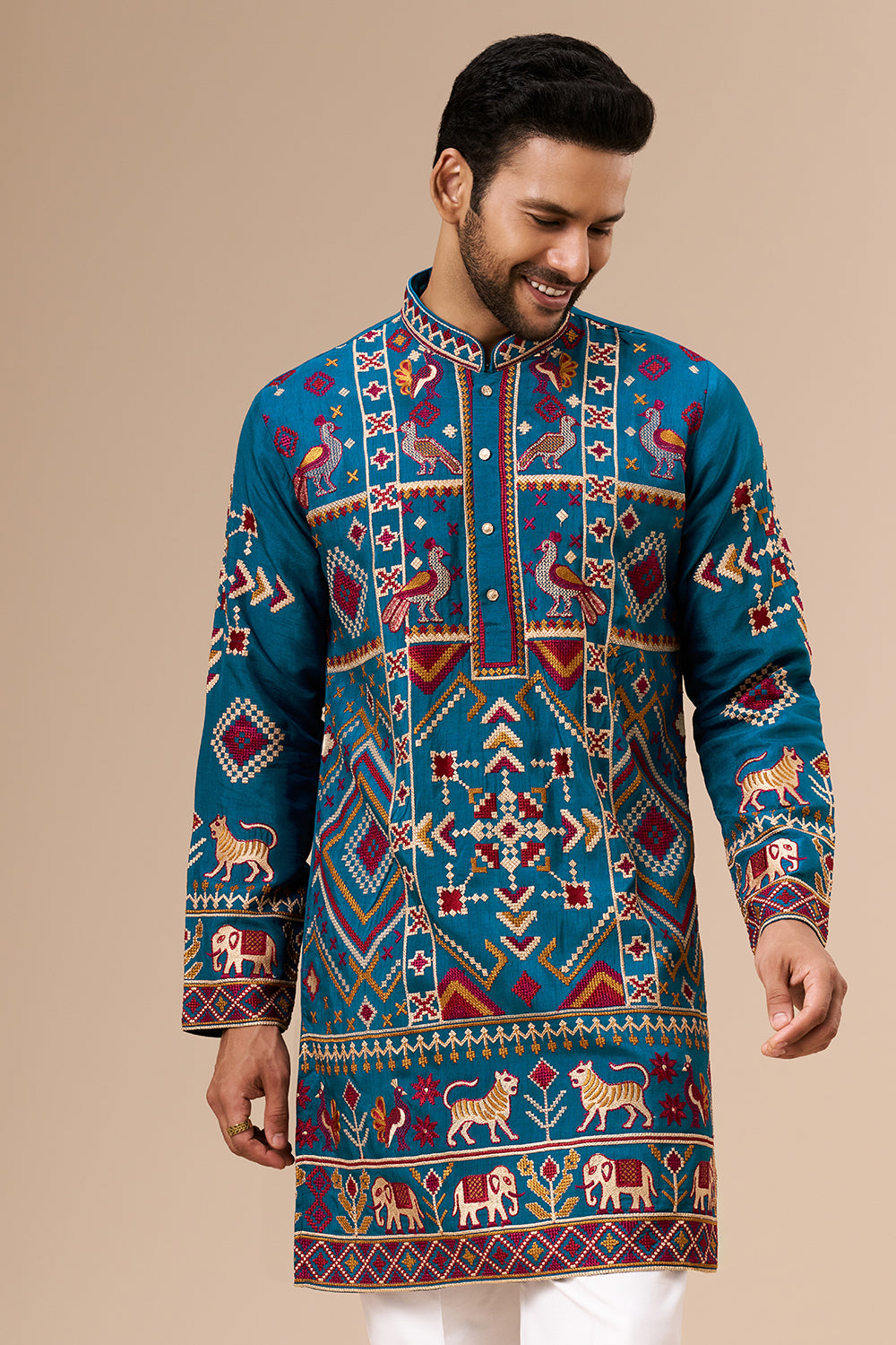 Blue Cotton Silk Mens Kurta Set with Multicolour Thread Work