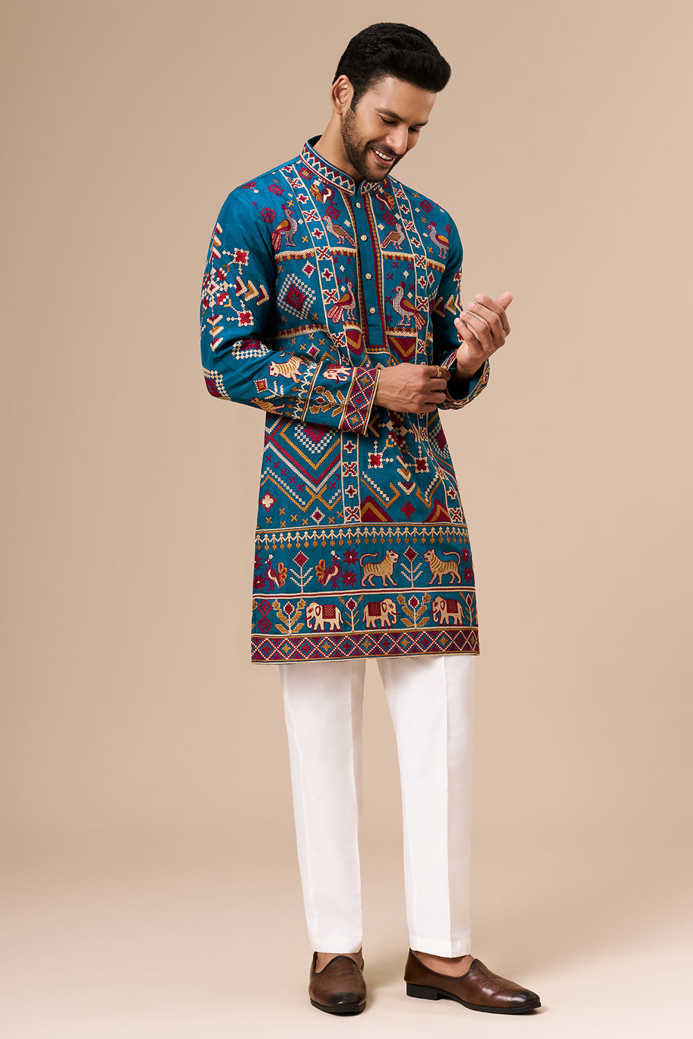 Blue Cotton Silk Mens Kurta Set with Multicolour Thread Work