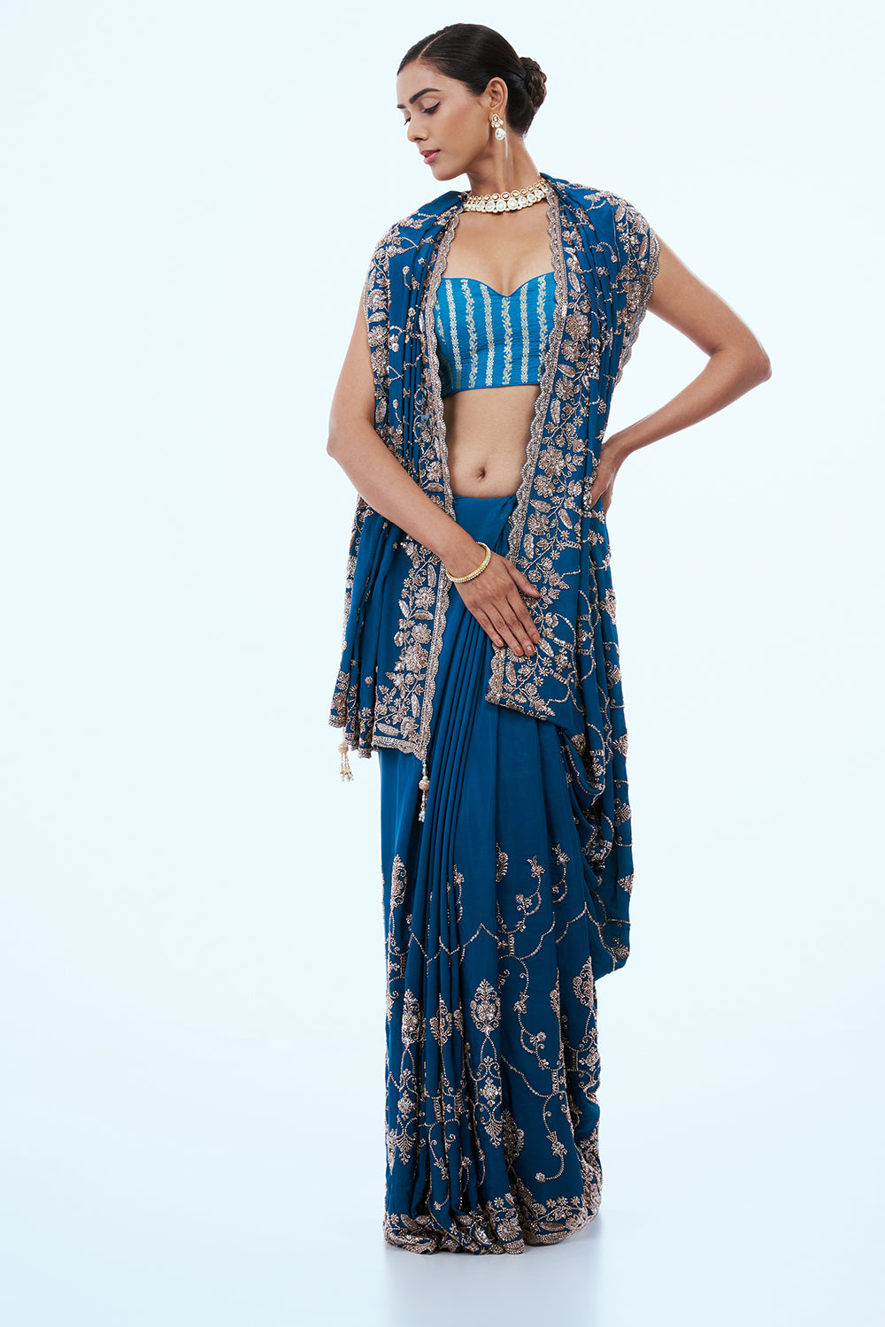 Blue Crepe Silk Saree with Jaal Work