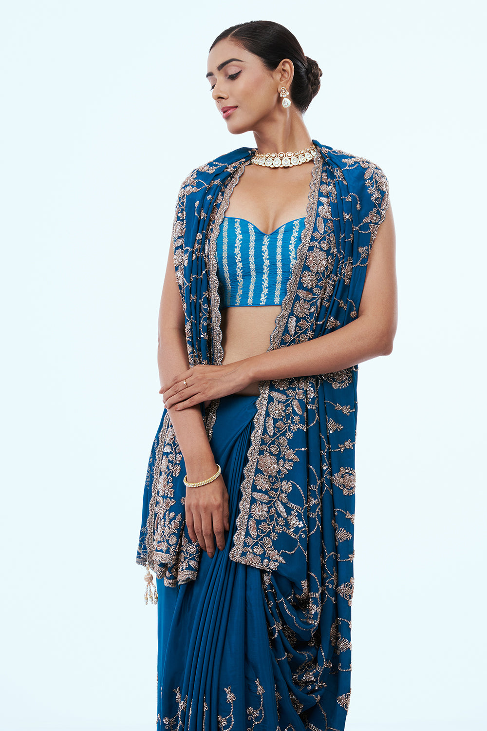 Blue Crepe Silk Saree with Jaal Work