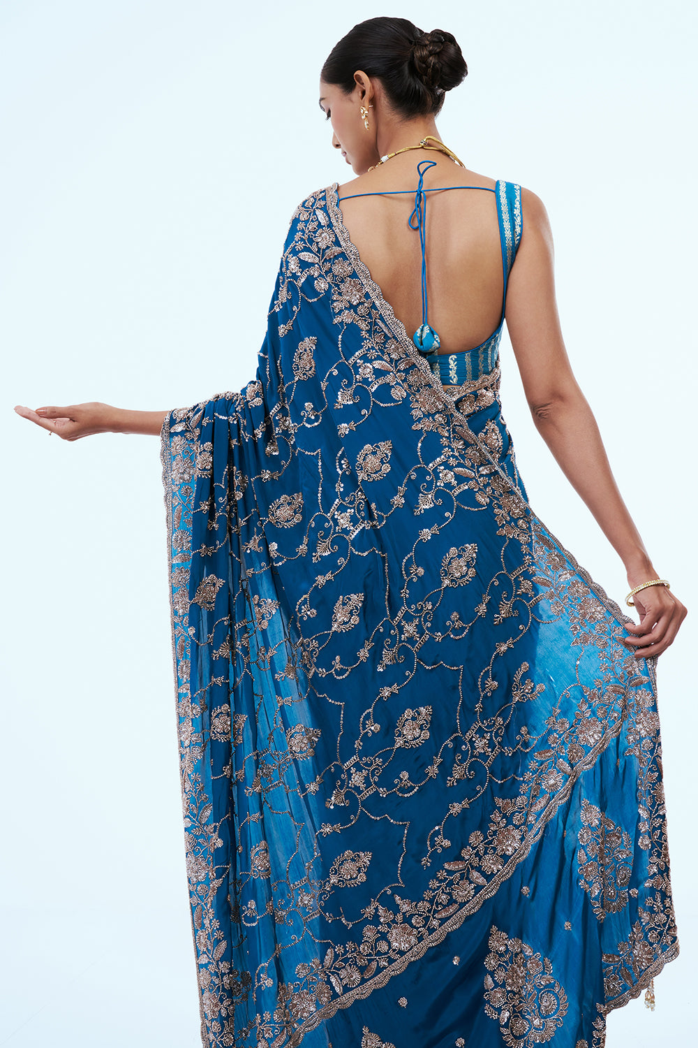 Blue Crepe Silk Saree with Jaal Work