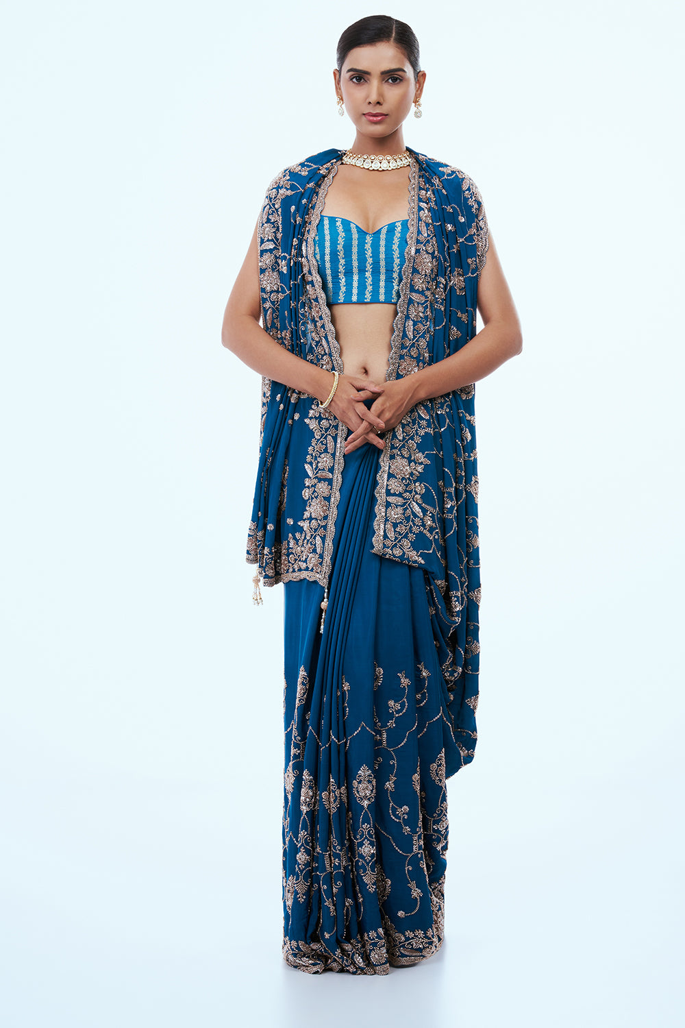 Blue Crepe Silk Saree with Jaal Work