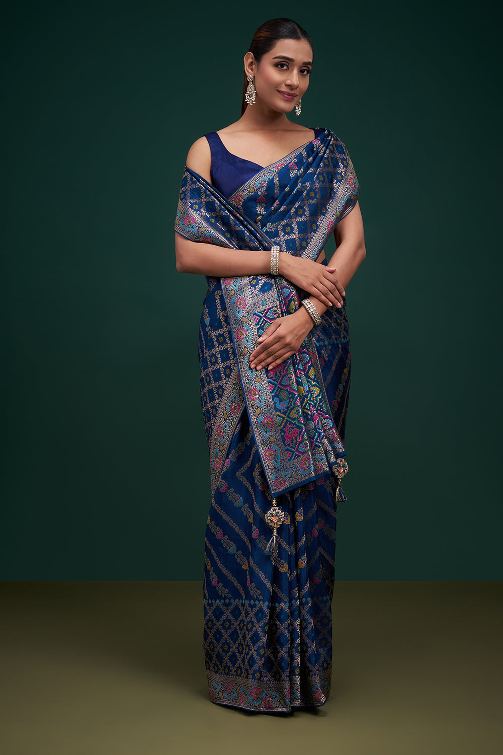 Blue Dola Silk Patola Print Saree with Unstitched Blouse