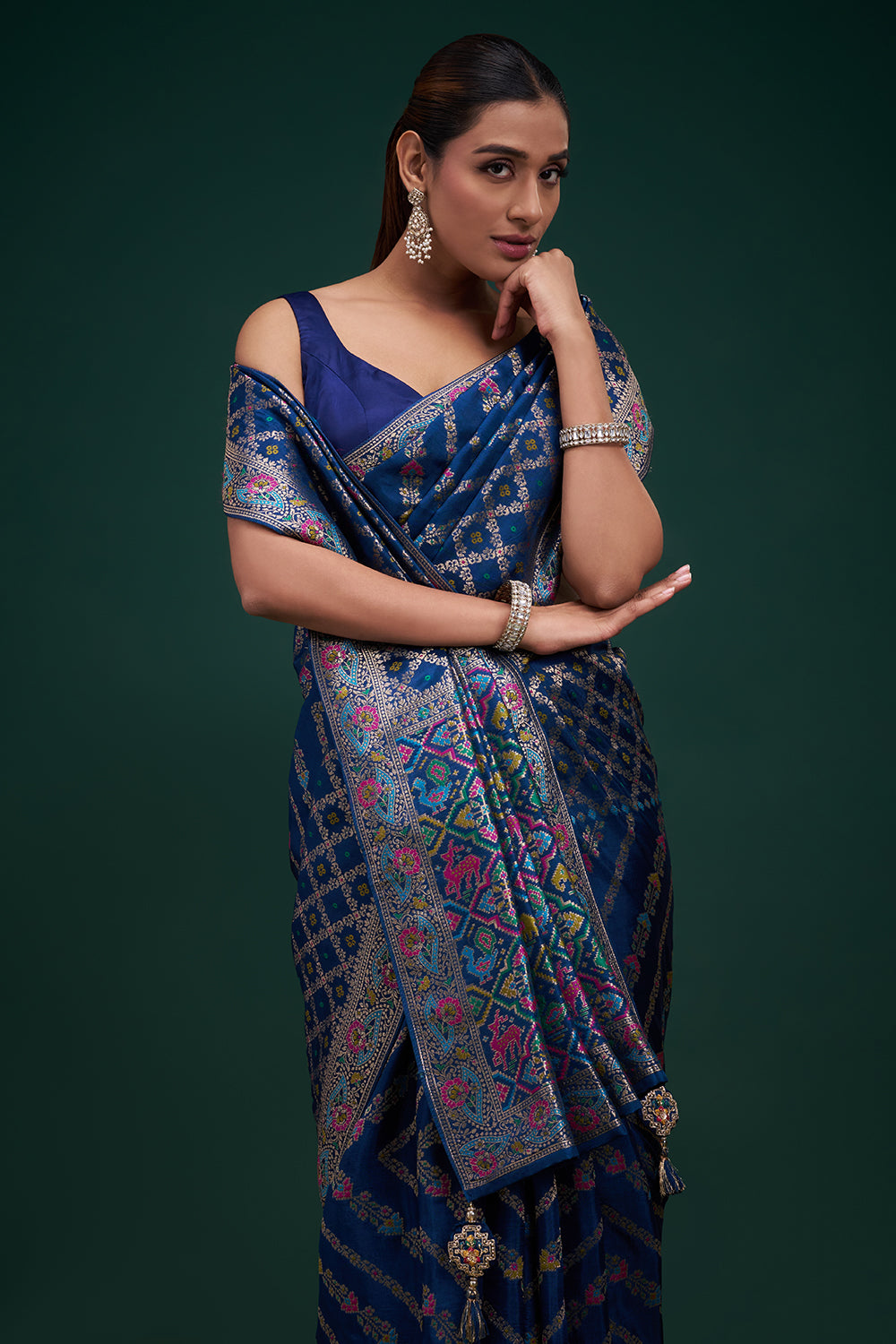 Blue Dola Silk Patola Print Saree with Unstitched Blouse