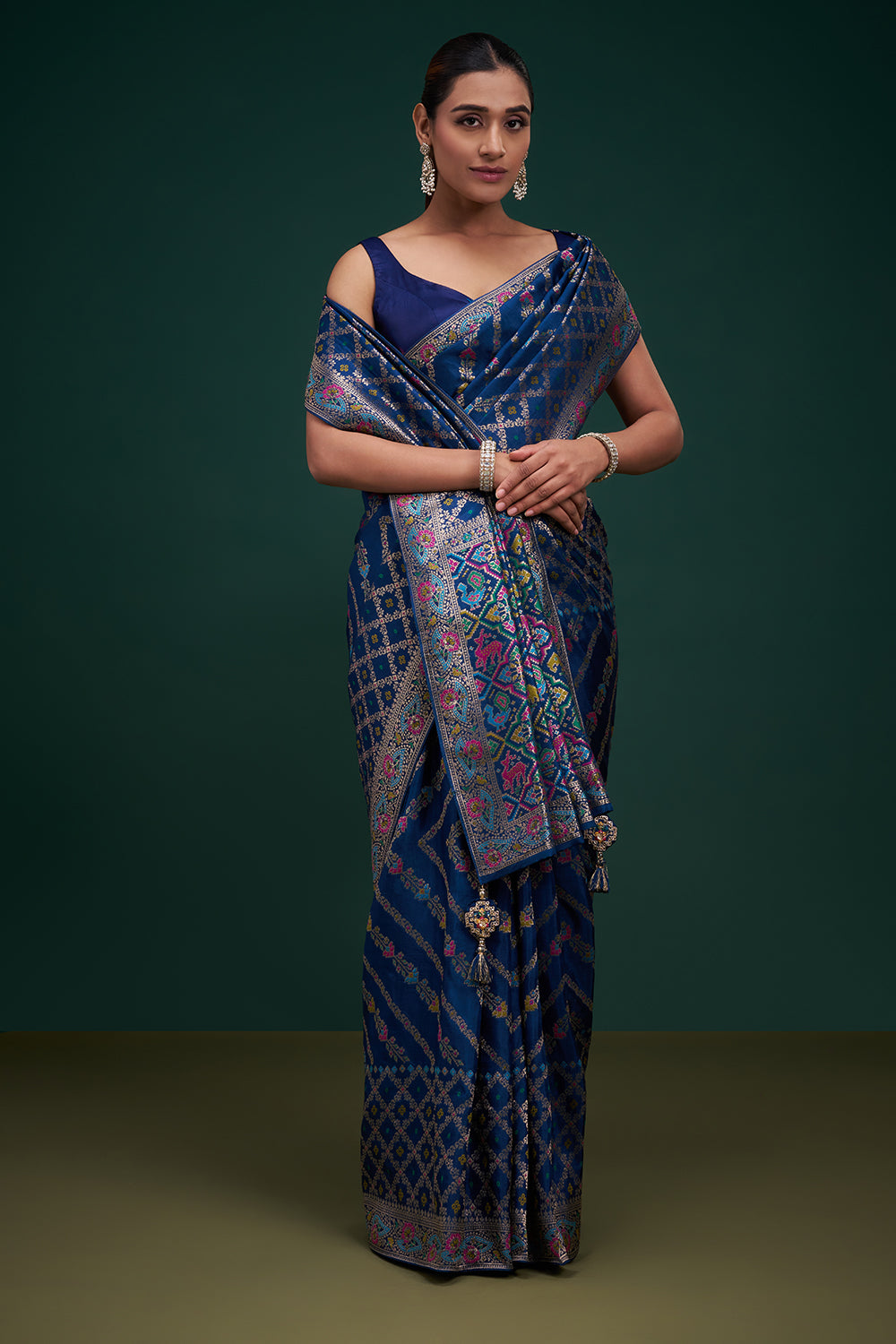 Blue Dola Silk Patola Print Saree with Unstitched Blouse