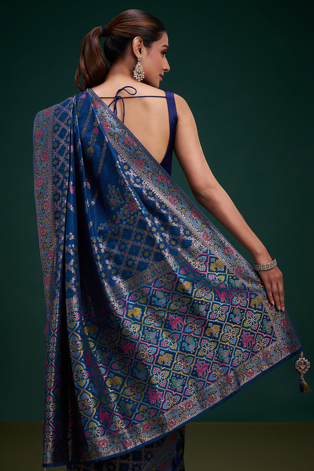 Blue Dola Silk Patola Print Saree with Unstitched Blouse