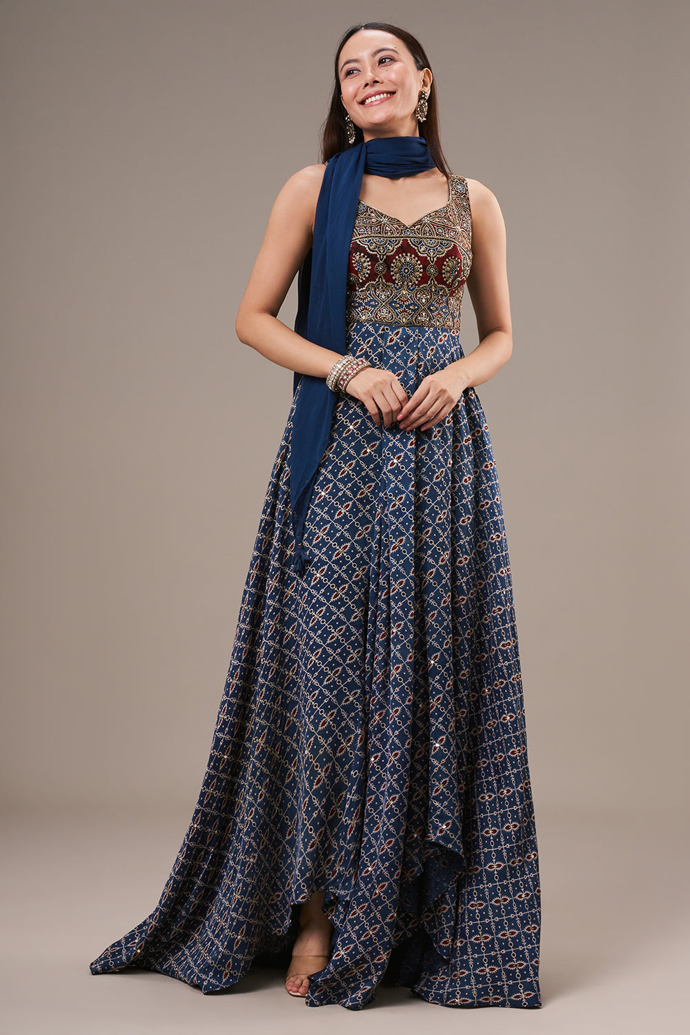 Blue Modal Anarkali Gown with Sequin and Pearl Work
