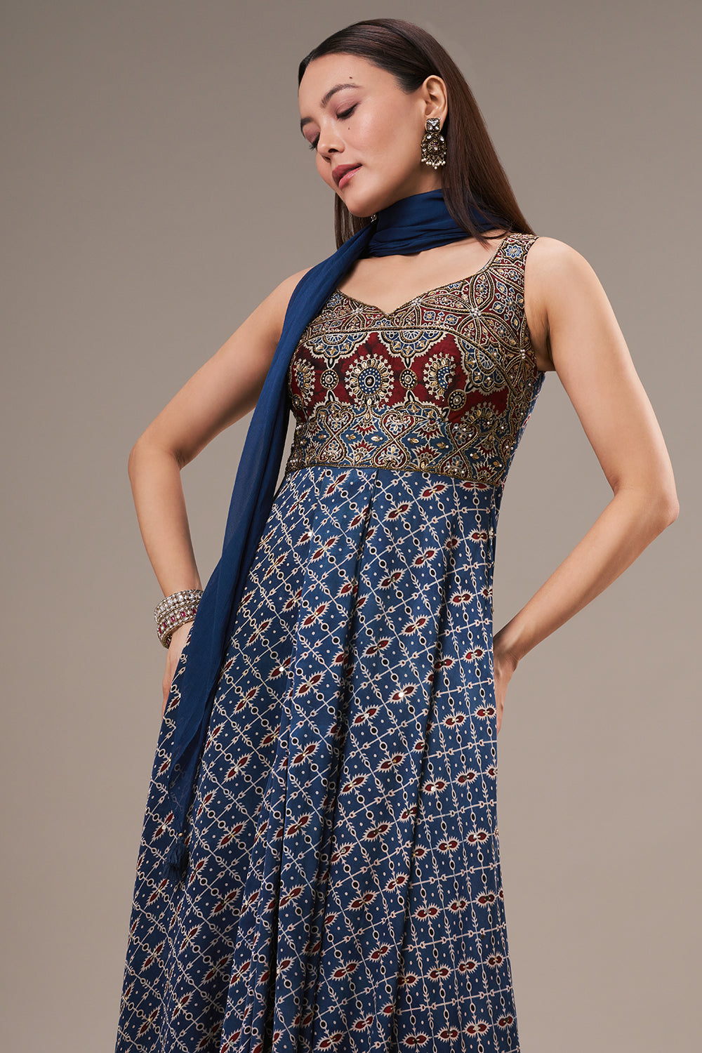 Blue Modal Anarkali Gown with Sequin and Pearl Work