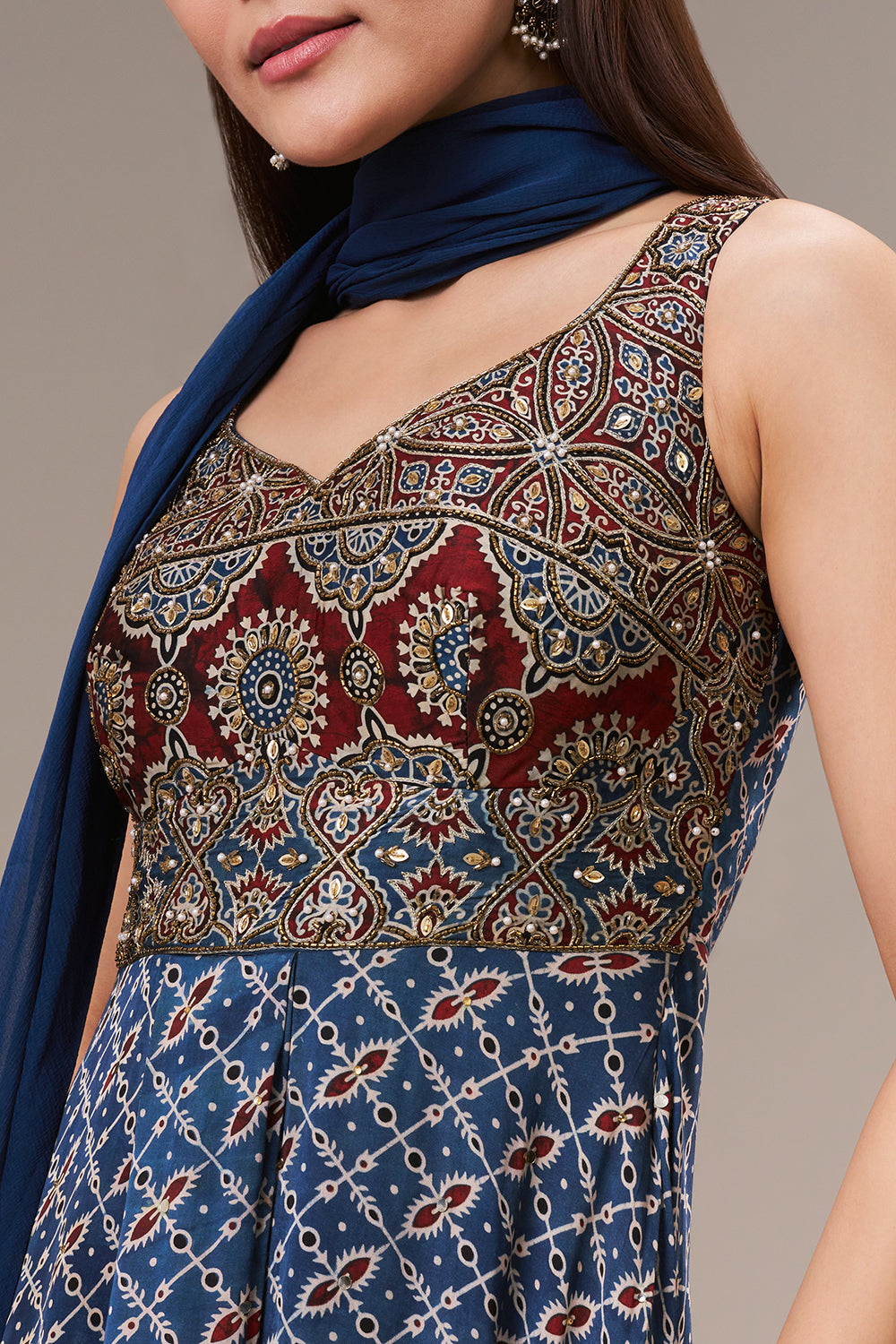 Blue Modal Anarkali Gown with Sequin and Pearl Work