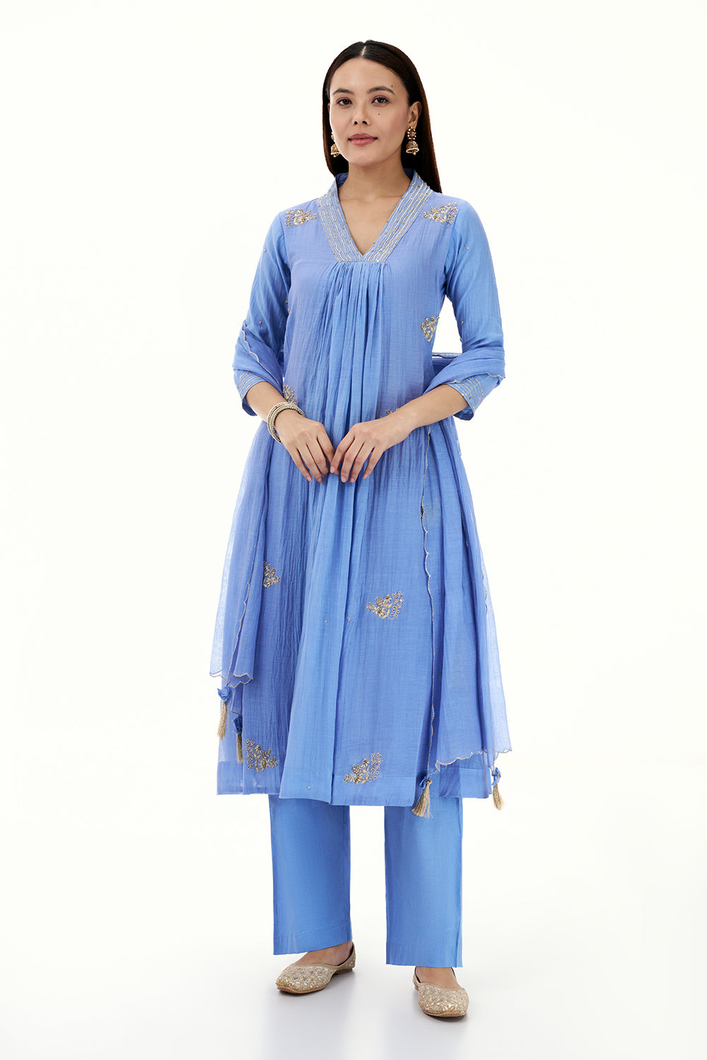 Blue Mul Cotton Kurta Set with Zardosi Work