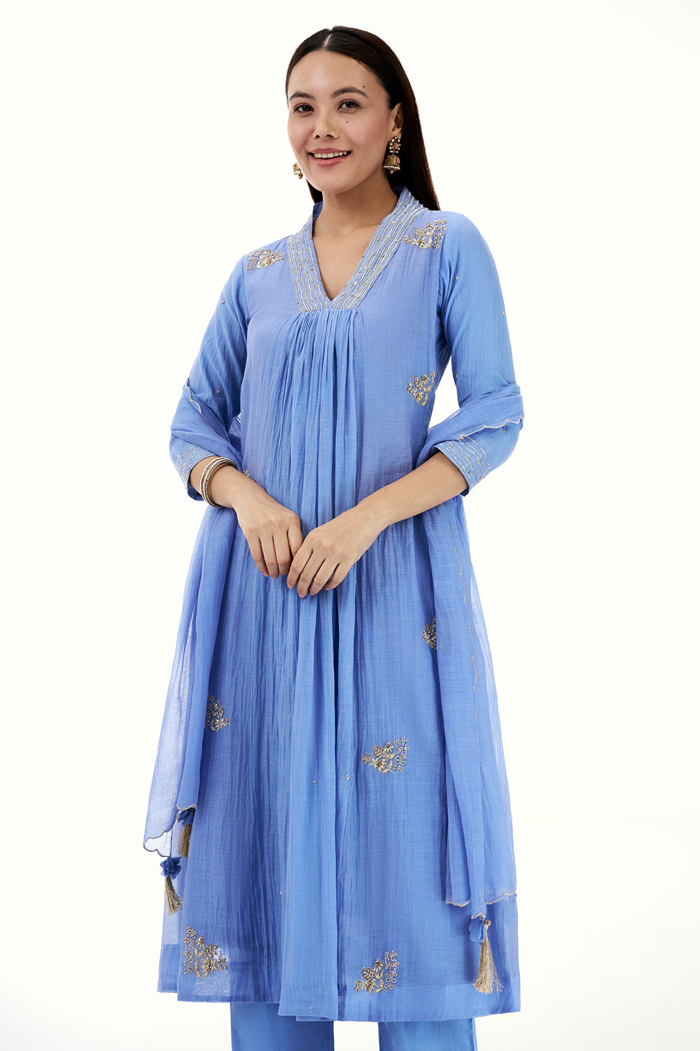 Blue Mul Cotton Kurta Set with Zardosi Work