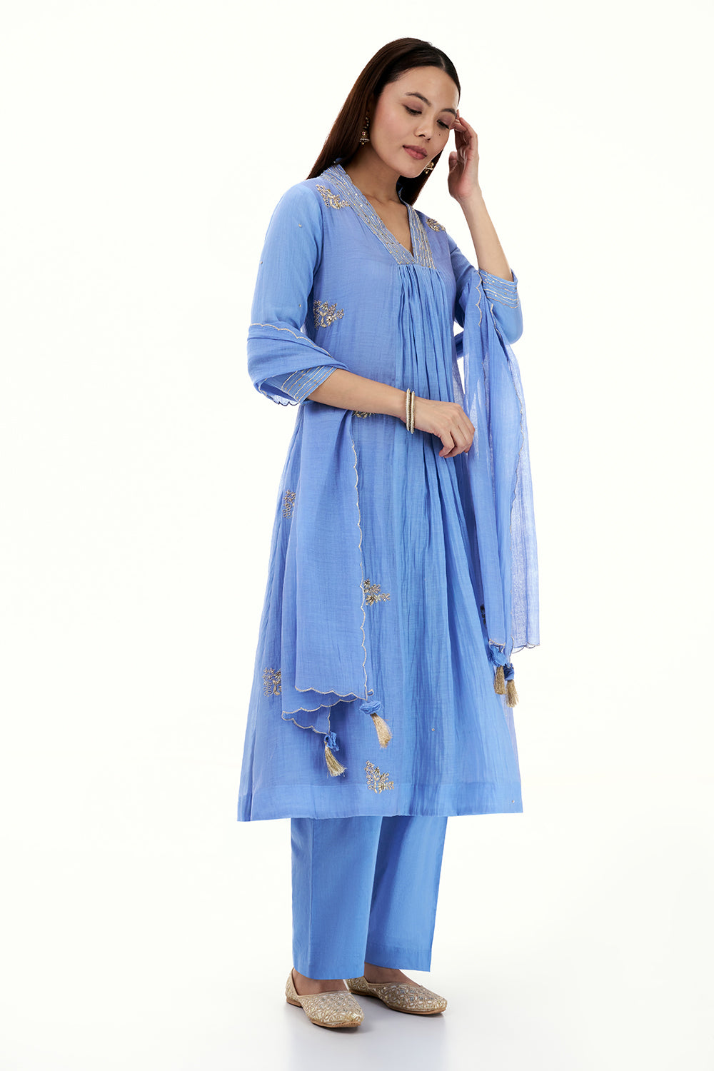 Blue Mul Cotton Kurta Set with Zardosi Work