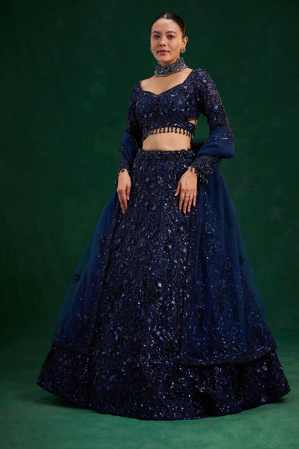 Blue Net Bridal Lehenga with Cutdana, Sequin and 3D Floral Work