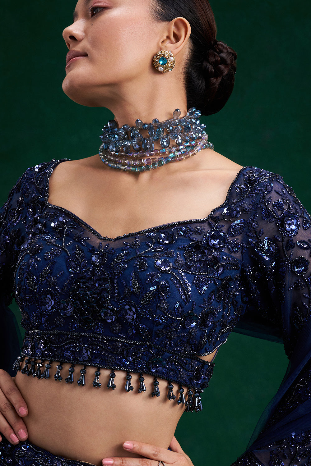 Blue Net Bridal Lehenga with Cutdana, Sequin and 3D Floral Work