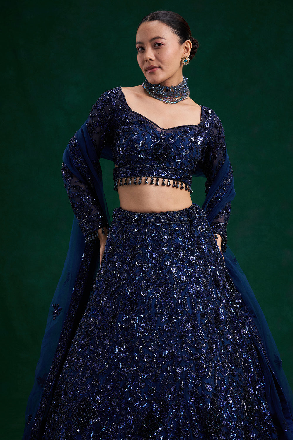 Blue Net Bridal Lehenga with Cutdana, Sequin and 3D Floral Work